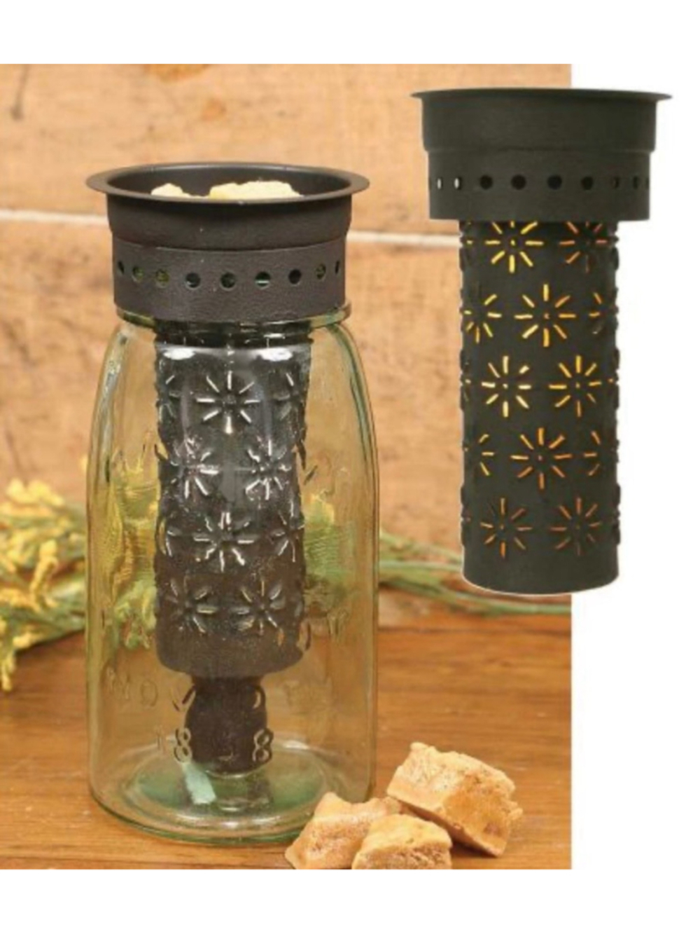 1803 BLUE BROWN GLASS WAX MELT WARMER-PUNCHED FLOWER QUART MASON JAR